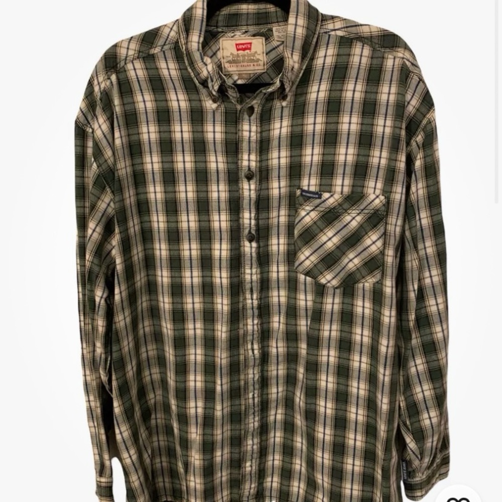 Levi’s Shirt Men’s X-Large Green White Plaid Button Down Long Sleeves Western